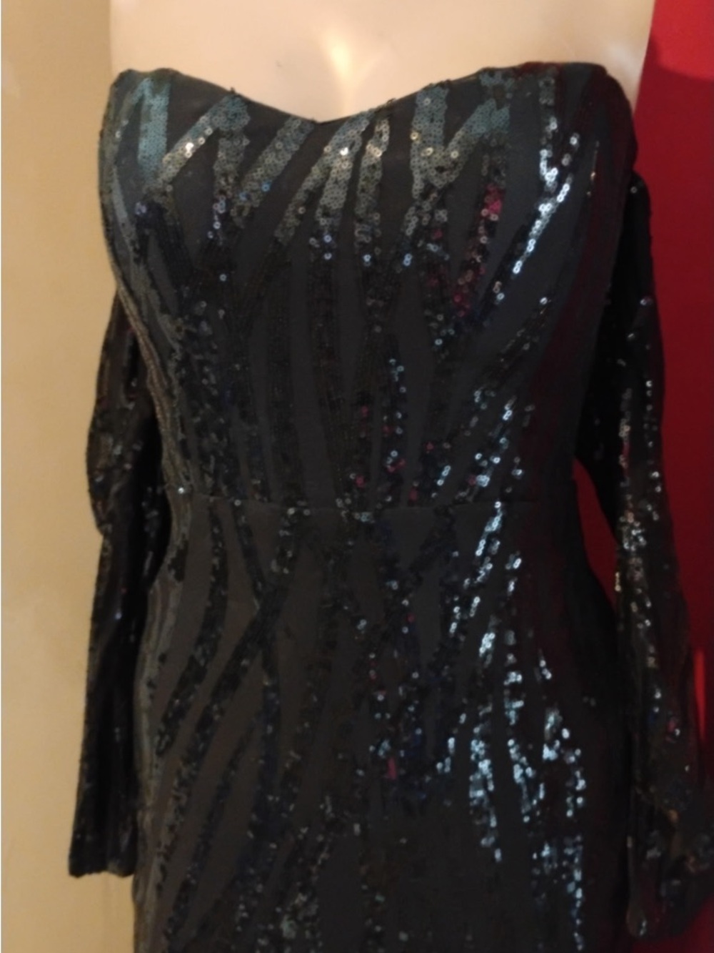 Black Off-Shoulder Sequin Gown with Gold Flame Hem - Picture 4 of 9